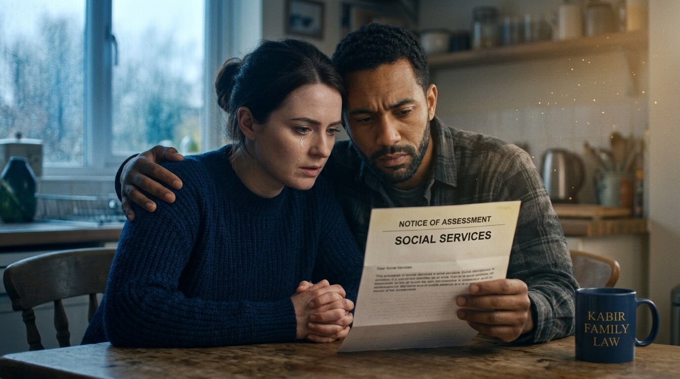 End my relationship: a worried couple at their kitchen table reading a social services assessment letter together