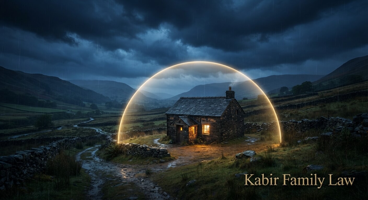 50/50 custody after abuse allegations: a lit stone cottage sheltered under a glowing dome on a stormy hillside
