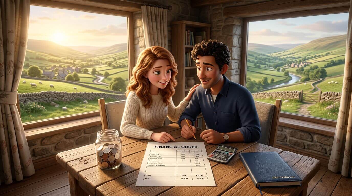 Early neutral evaluation: a couple at a kitchen table going through a breakdown of financial order costs with a calculator