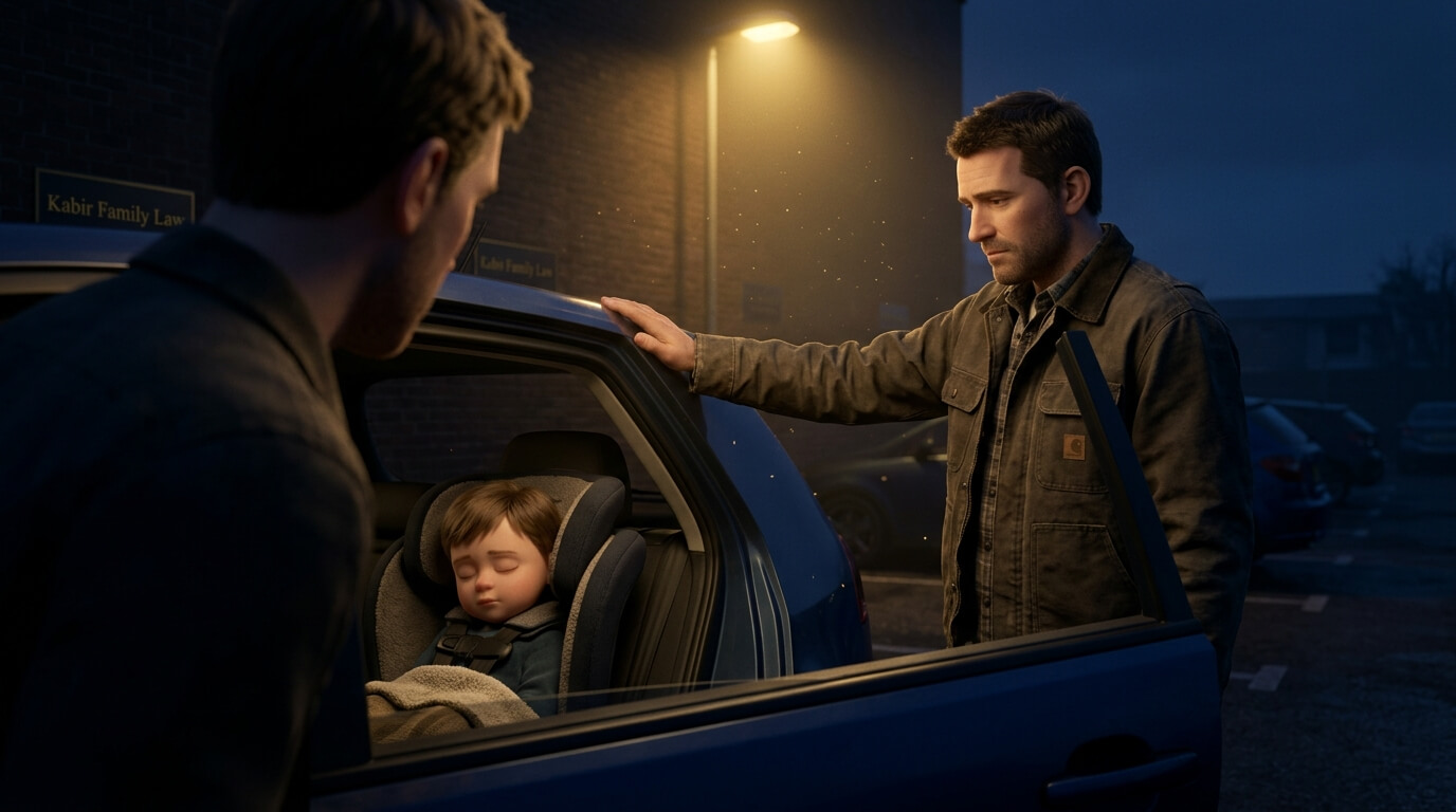 Paternity fraud: two men beside a car at dusk, one resting a hand on the roof above a child asleep in a car seat