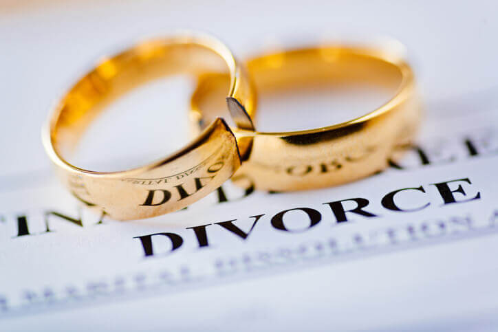 Property adjustment order on divorce: a cut gold wedding ring beside a whole one on a printed divorce document