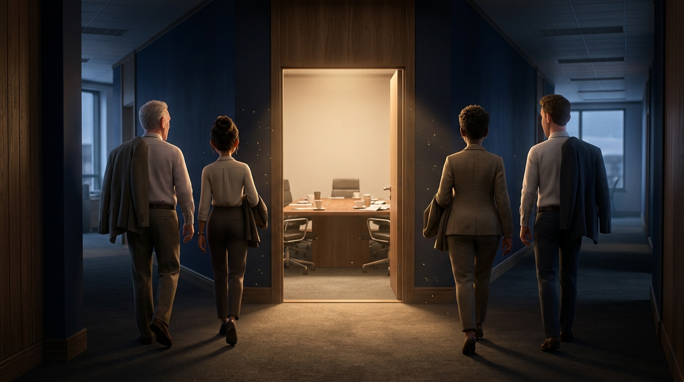 Round table meeting: illustration of two separating people, each with their lawyer, walking towards a meeting room set for a settlement meeting