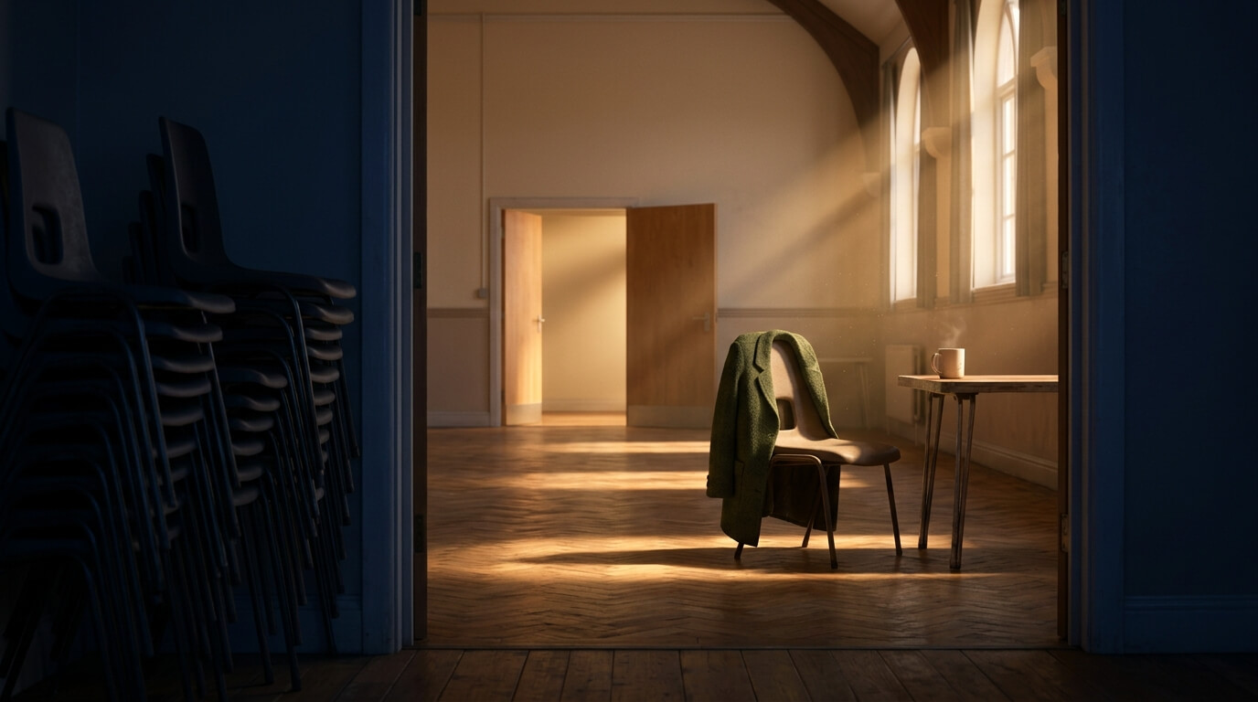 Sharia council: a single chair with a coat over it in an empty, sunlit meeting room, stacked chairs by the door
