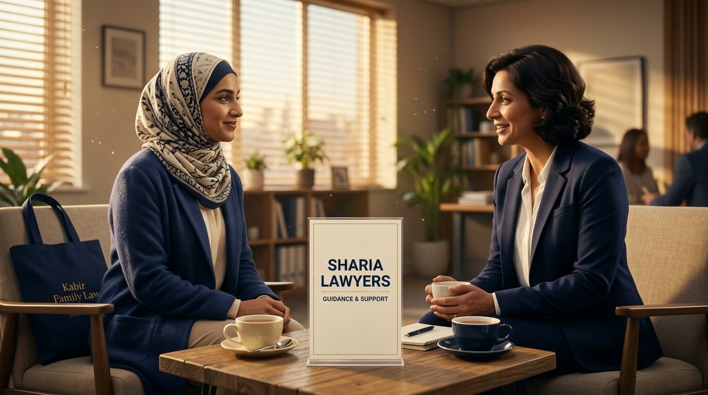 Sharia lawyers: a woman in a headscarf talks over tea with a family law adviser in a quiet consultation room